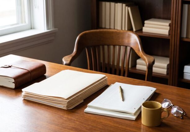 Stacks of binders and file folders on a wooden desk in a dim office, with a chair and window light in the background.