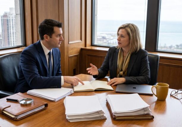 Two people seated across a polished conference table with blank documents, a pen, and reading glasses in a sunlit law office.